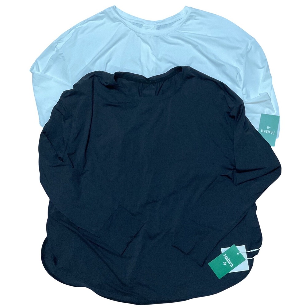 Halara Long Sleeve Activewear Tops 2 Pack Black White XL Crew Neck Thumbhole Hem